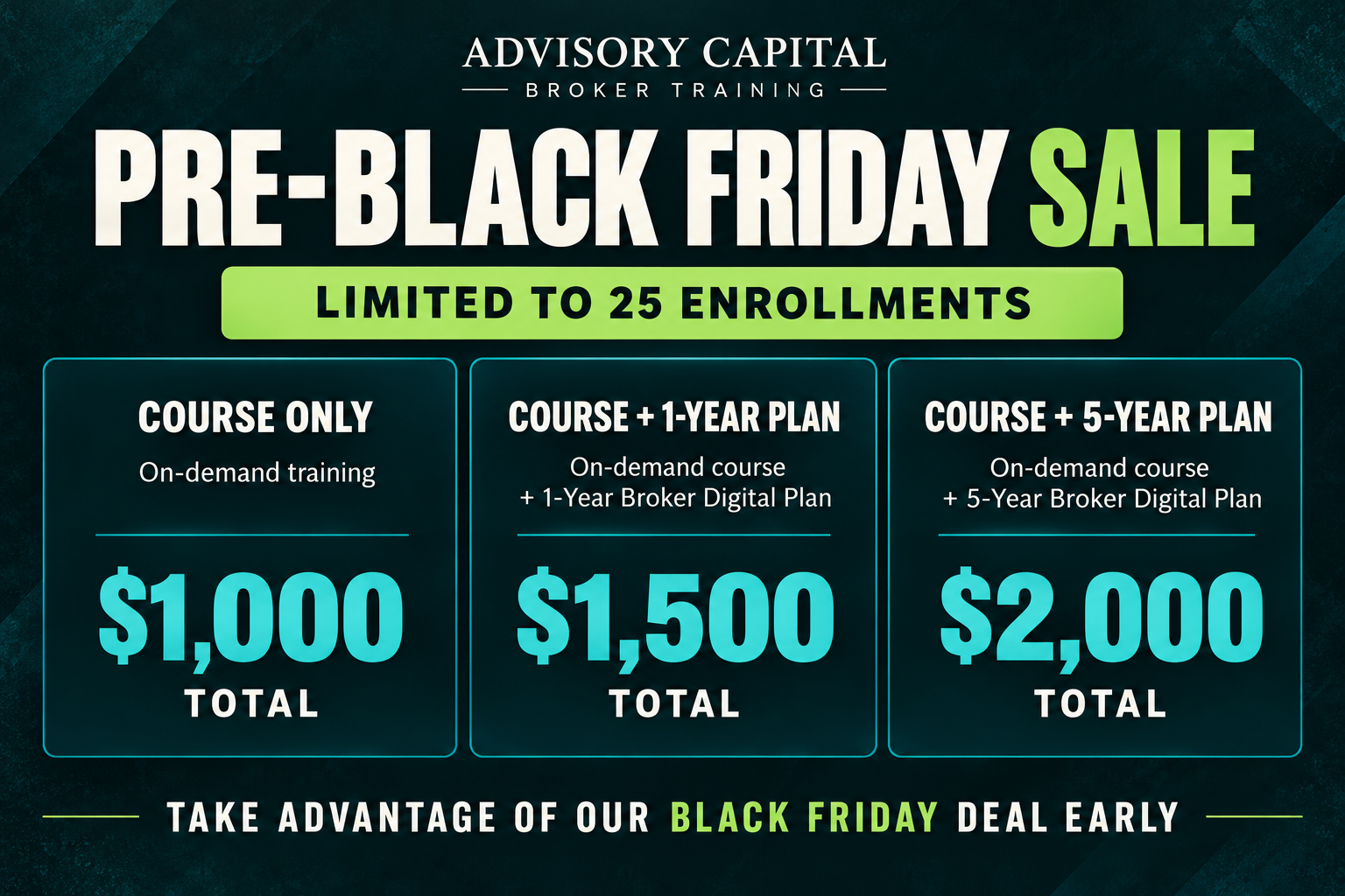 Pre-Black Friday sale: course only $1,000; course plus 1-year Broker Digital Plan $1,500; course plus 5-year plan $2,000. Limited to 25 enrollments.